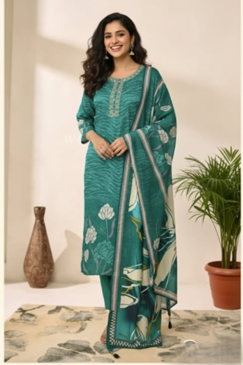 Pristine Green Festive Silk Suit with Duptta