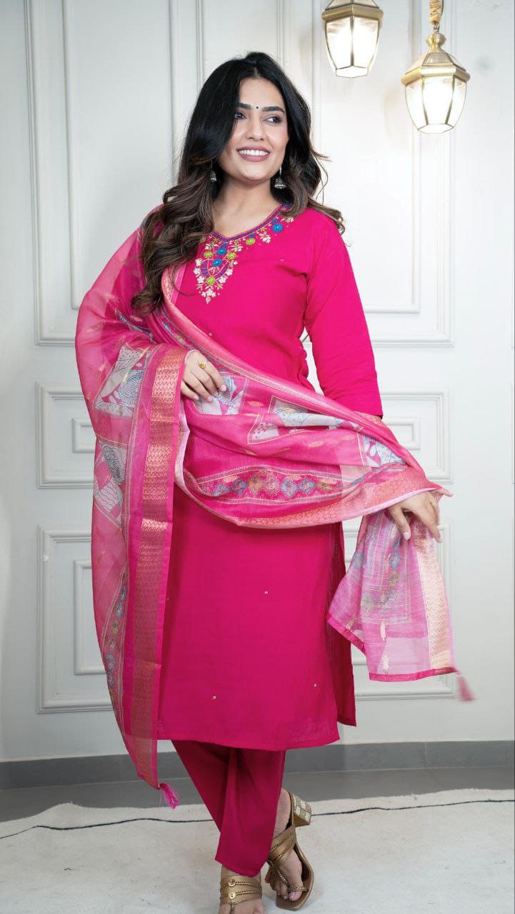 Empress Fuchsia Hot Pink Roman Silk Suit Set with Dupatta