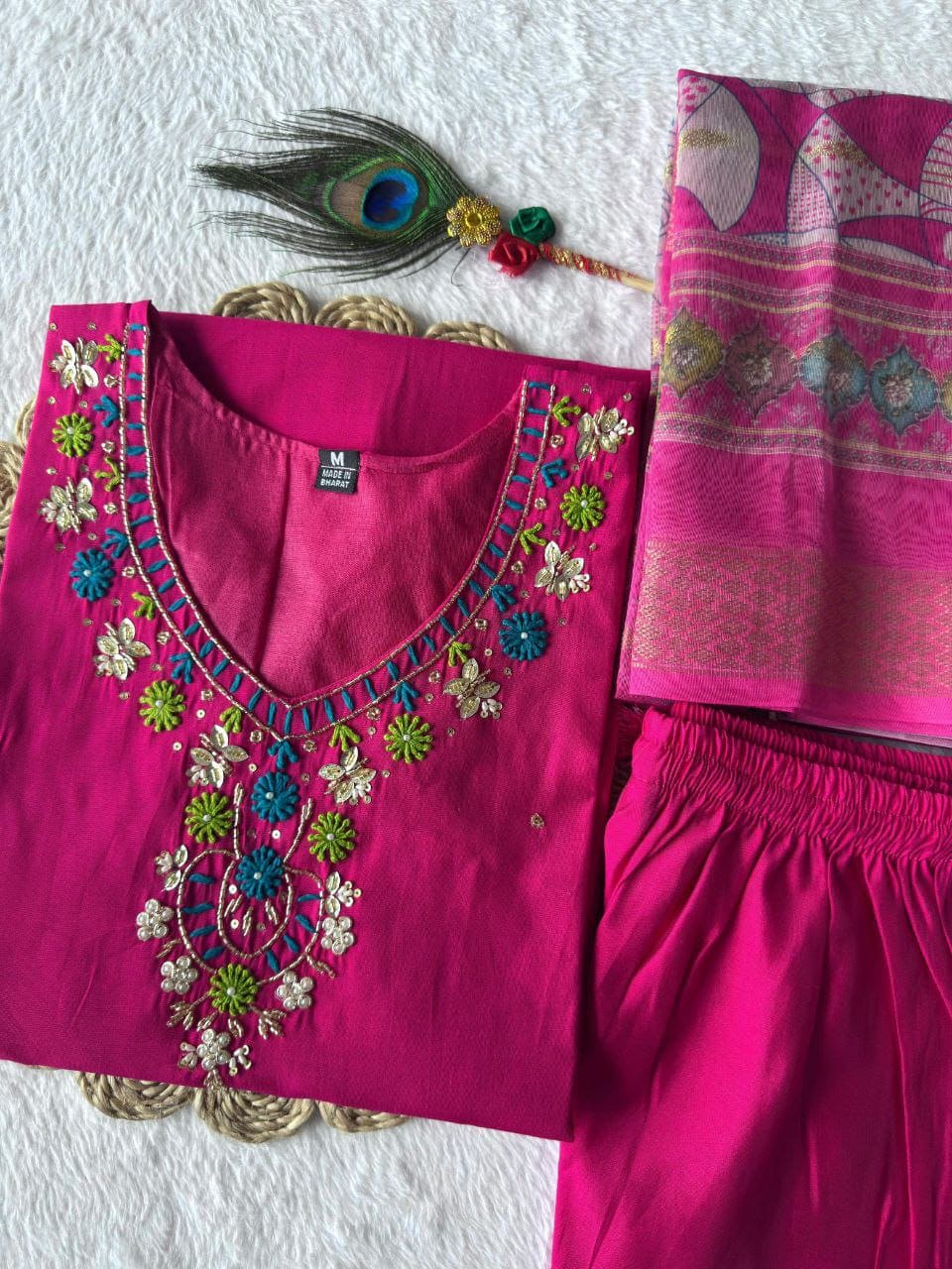 Empress Fuchsia Hot Pink Roman Silk Suit Set with Dupatta