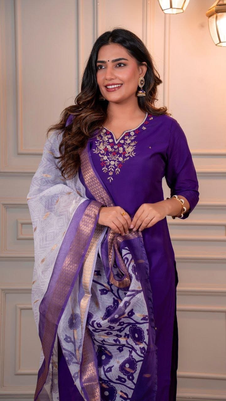Imperial Amethyst Purple Roman Silk Suit Set with Dupatta