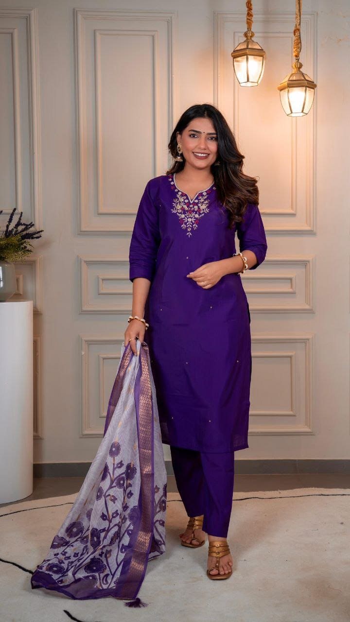 Imperial Amethyst Purple Roman Silk Suit Set with Dupatta