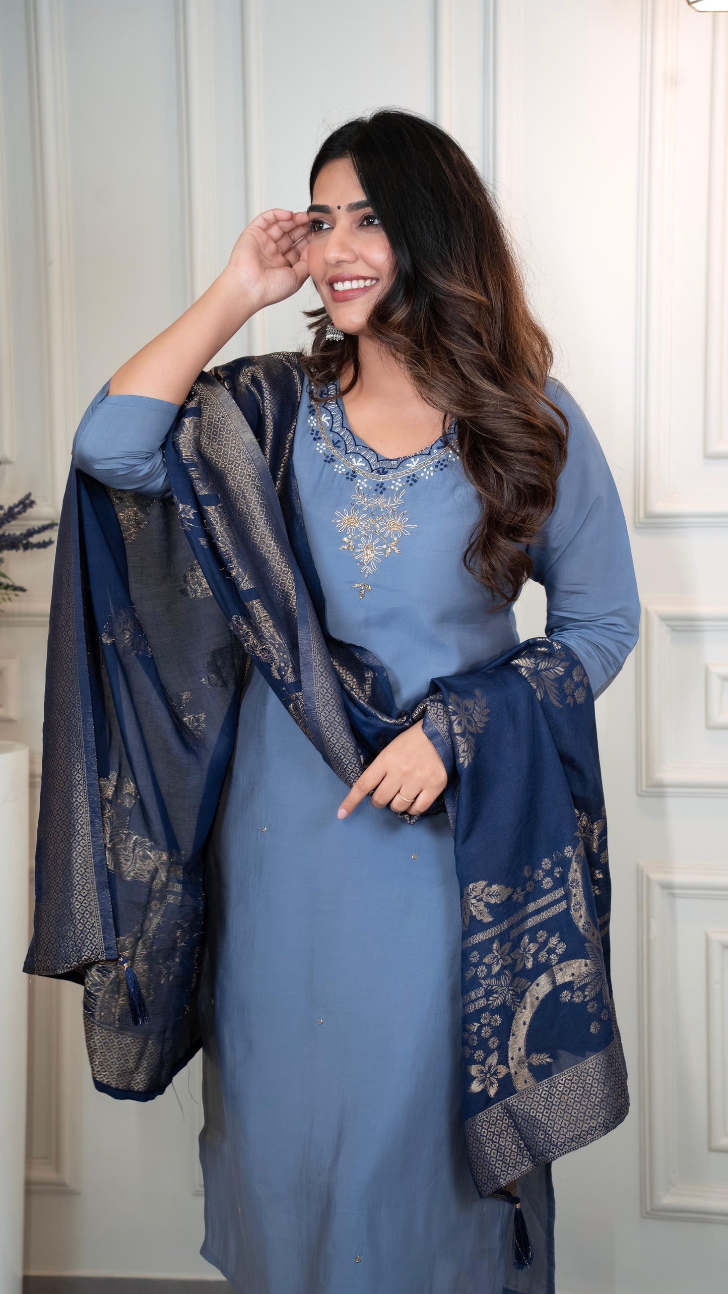 Majestic Azure Steel Blue Roman Silk Suit Set With Jacquard Dupatta