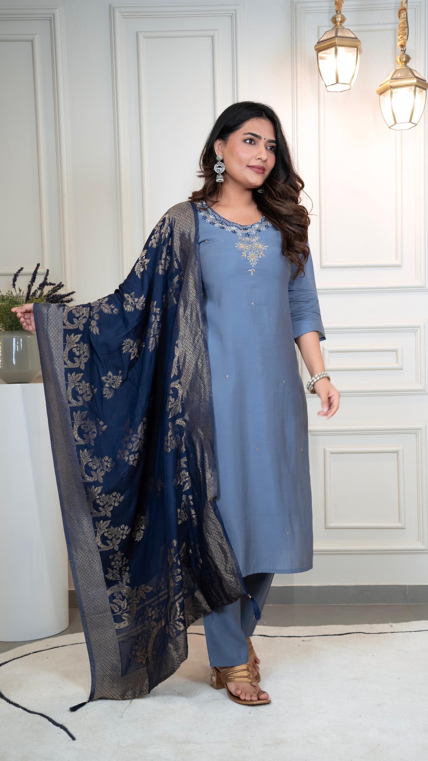 Majestic Azure Steel Blue Roman Silk Suit Set With Jacquard Dupatta