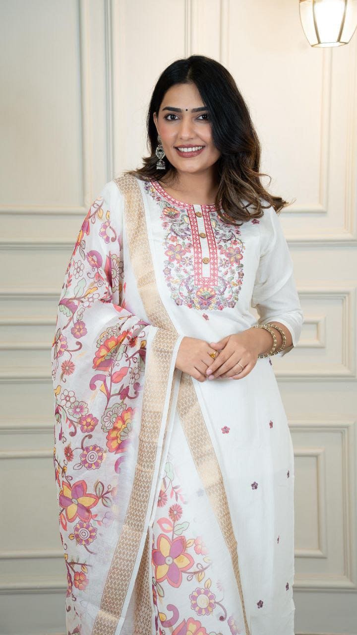 Imperial Ivory Roman Silk Suit Set with Dupatta