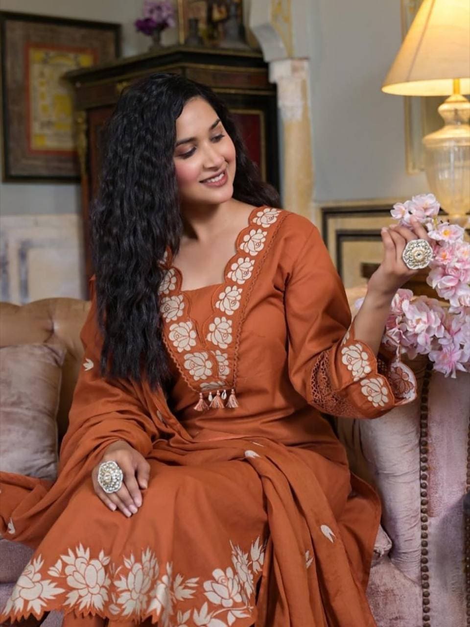 Monarch Saffron Slub Cotton Suit Set with Dupatta