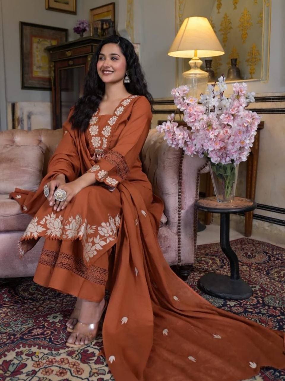 Monarch Saffron Slub Cotton Suit Set with Dupatta