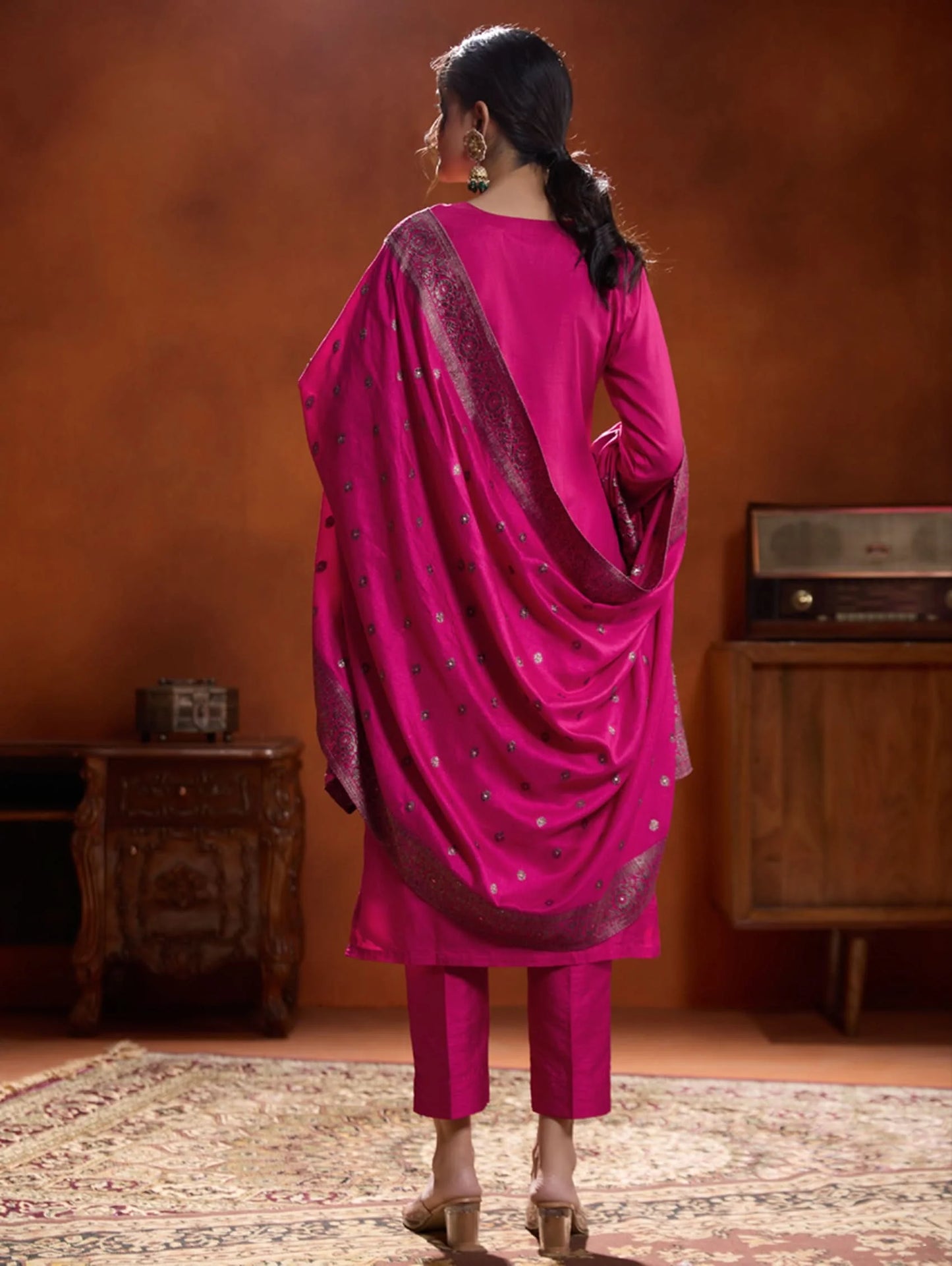 Ruby Pink Silk suit Set with Dupatta