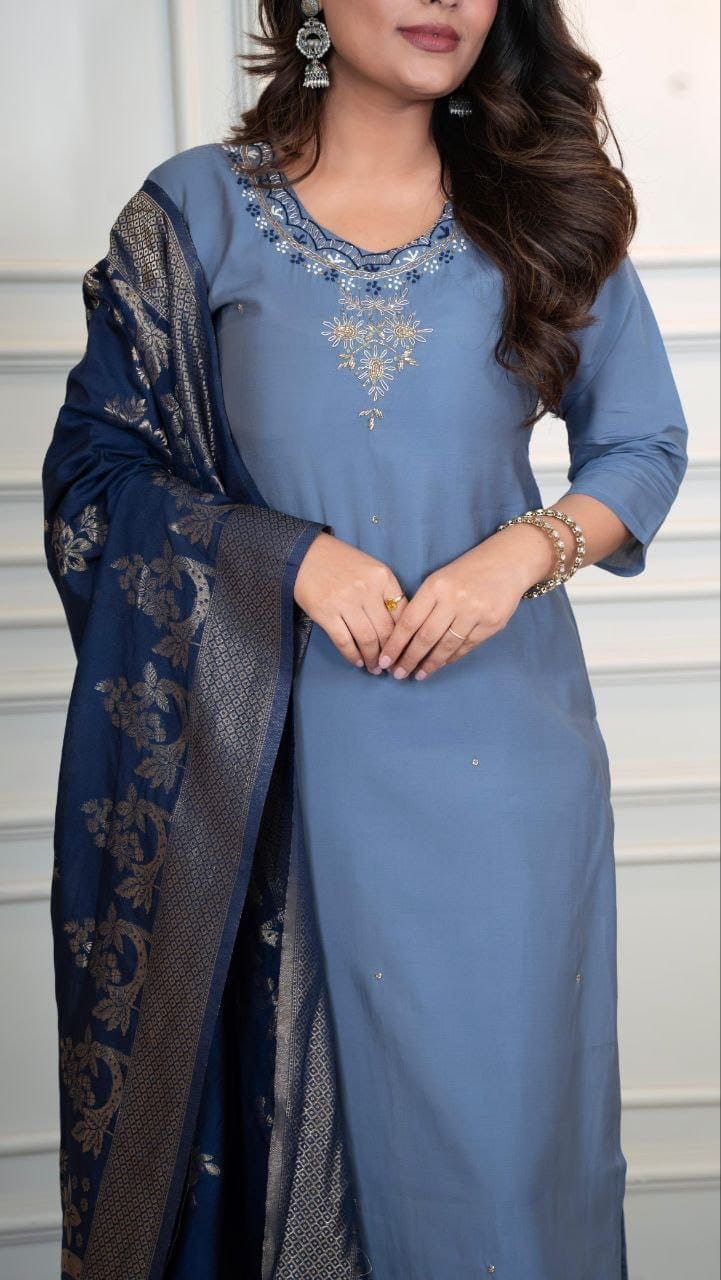Majestic Azure Steel Blue Roman Silk Suit Set With Jacquard Dupatta