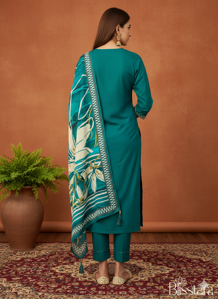 Emerald Green Silk Suit Set with Dupatta