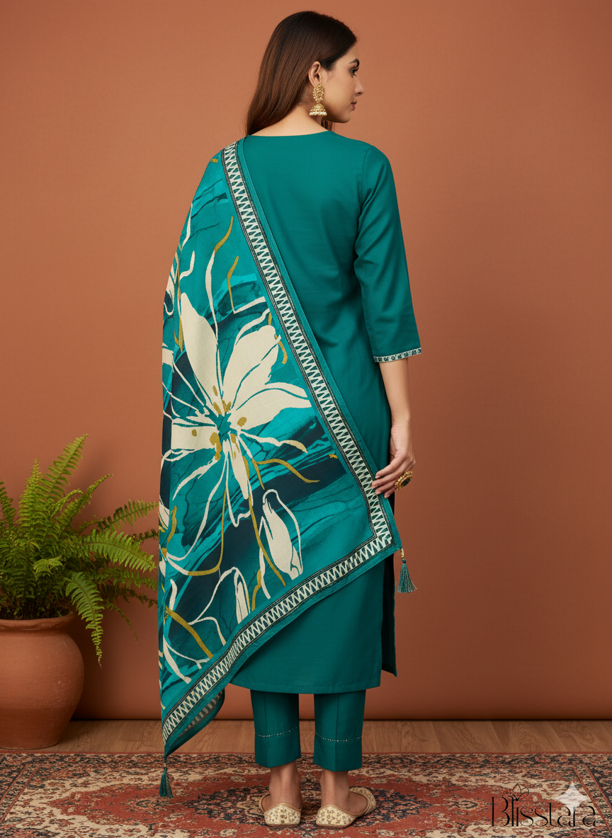 Emerald Green Silk Suit Set with Dupatta