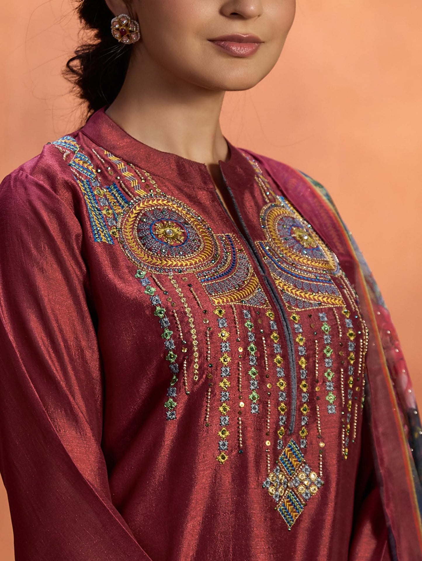 Crimson Red Silk Suit Set with Dupatta