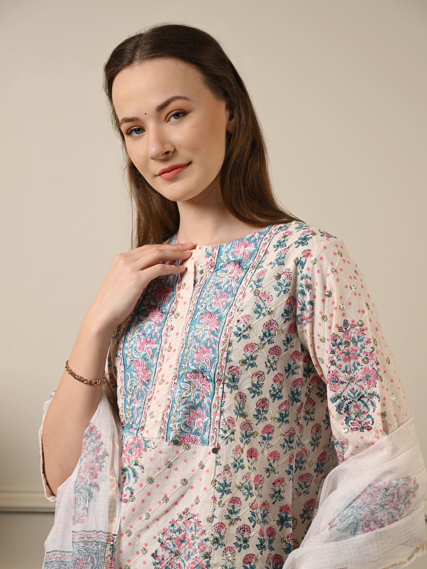 Pastel Blue Chanderi Cotton Suit Set
