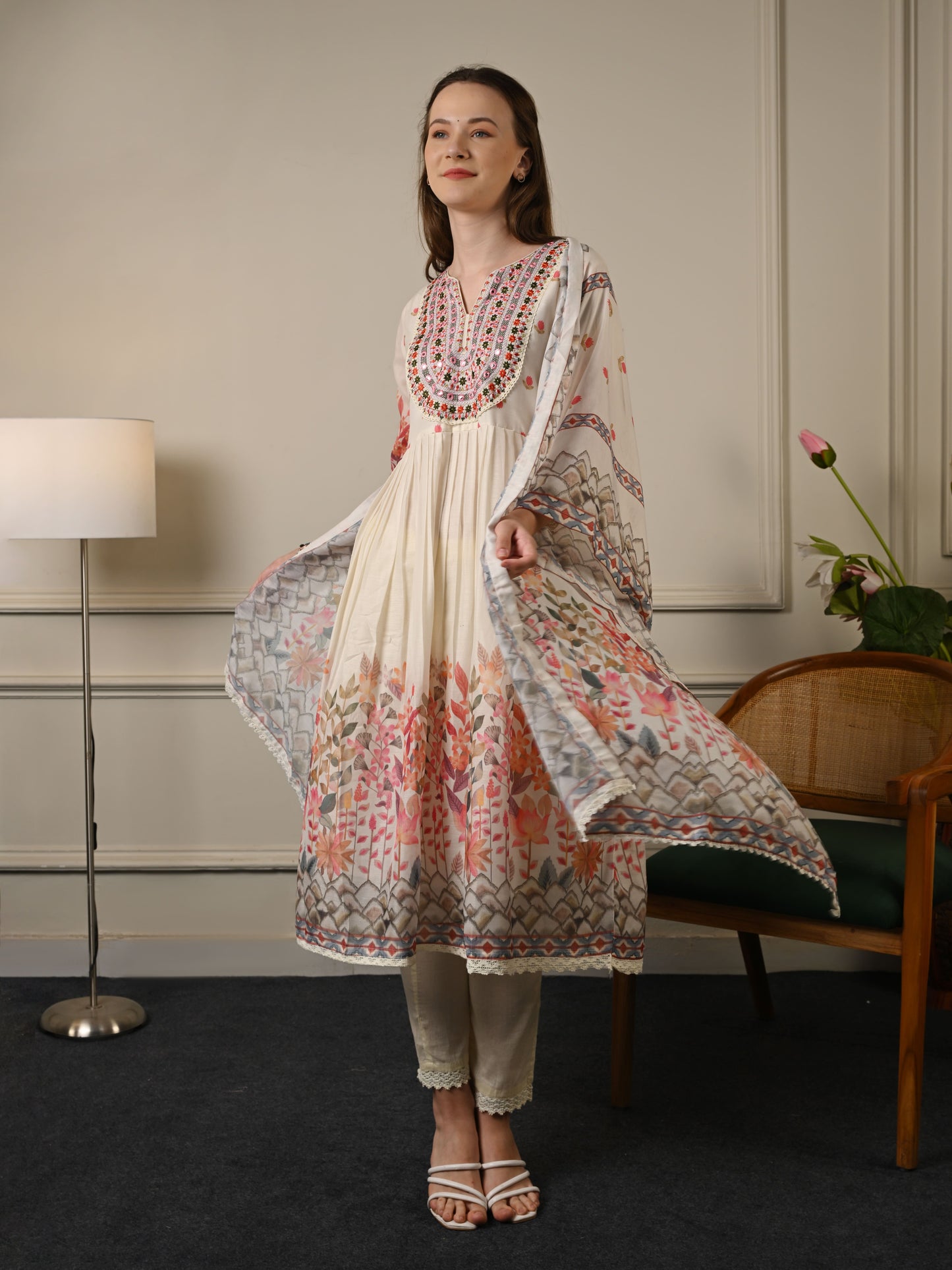Beige Mul Cotton Anarkali Suit Set