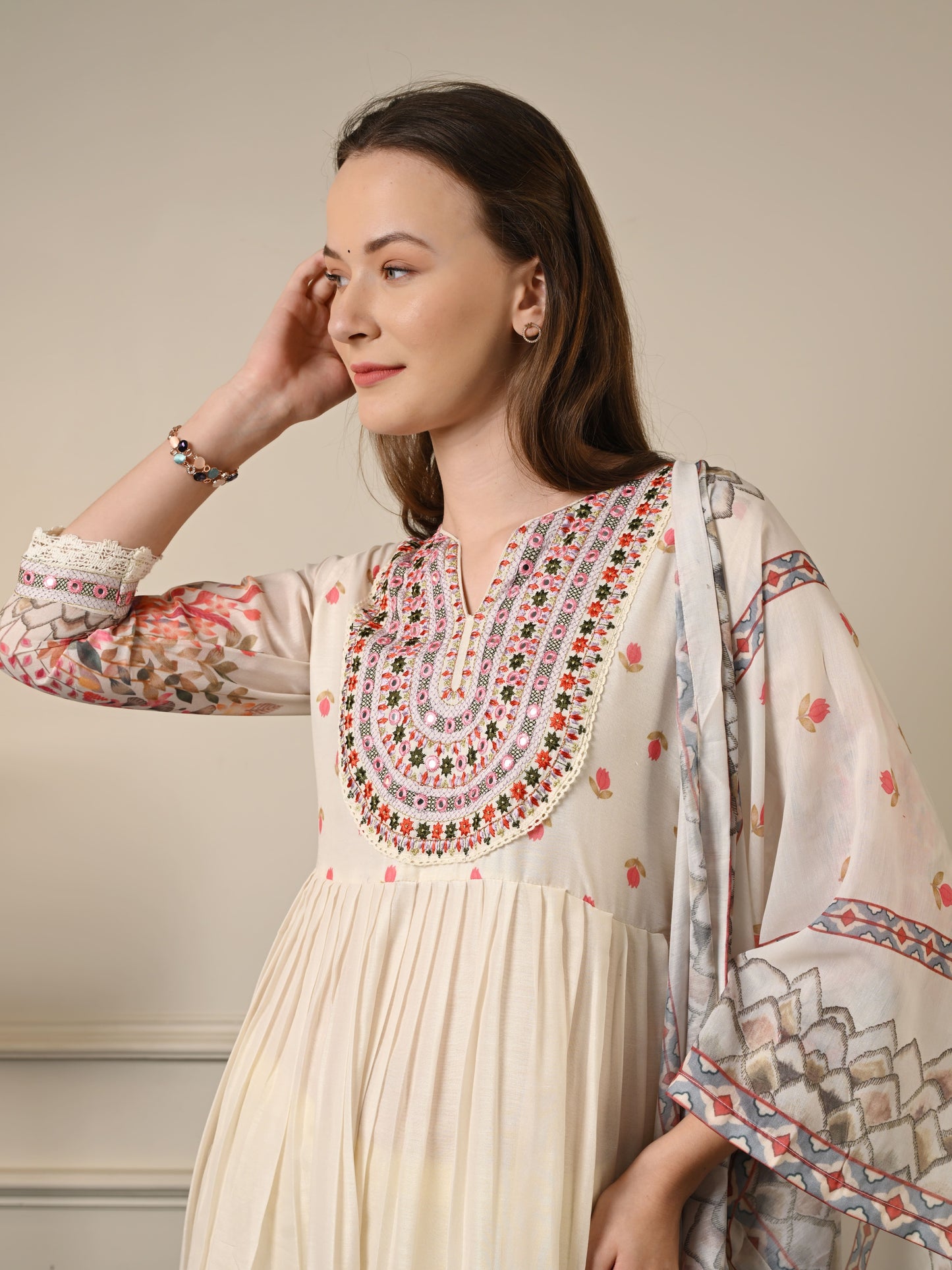 Beige Mul Cotton Anarkali Suit Set