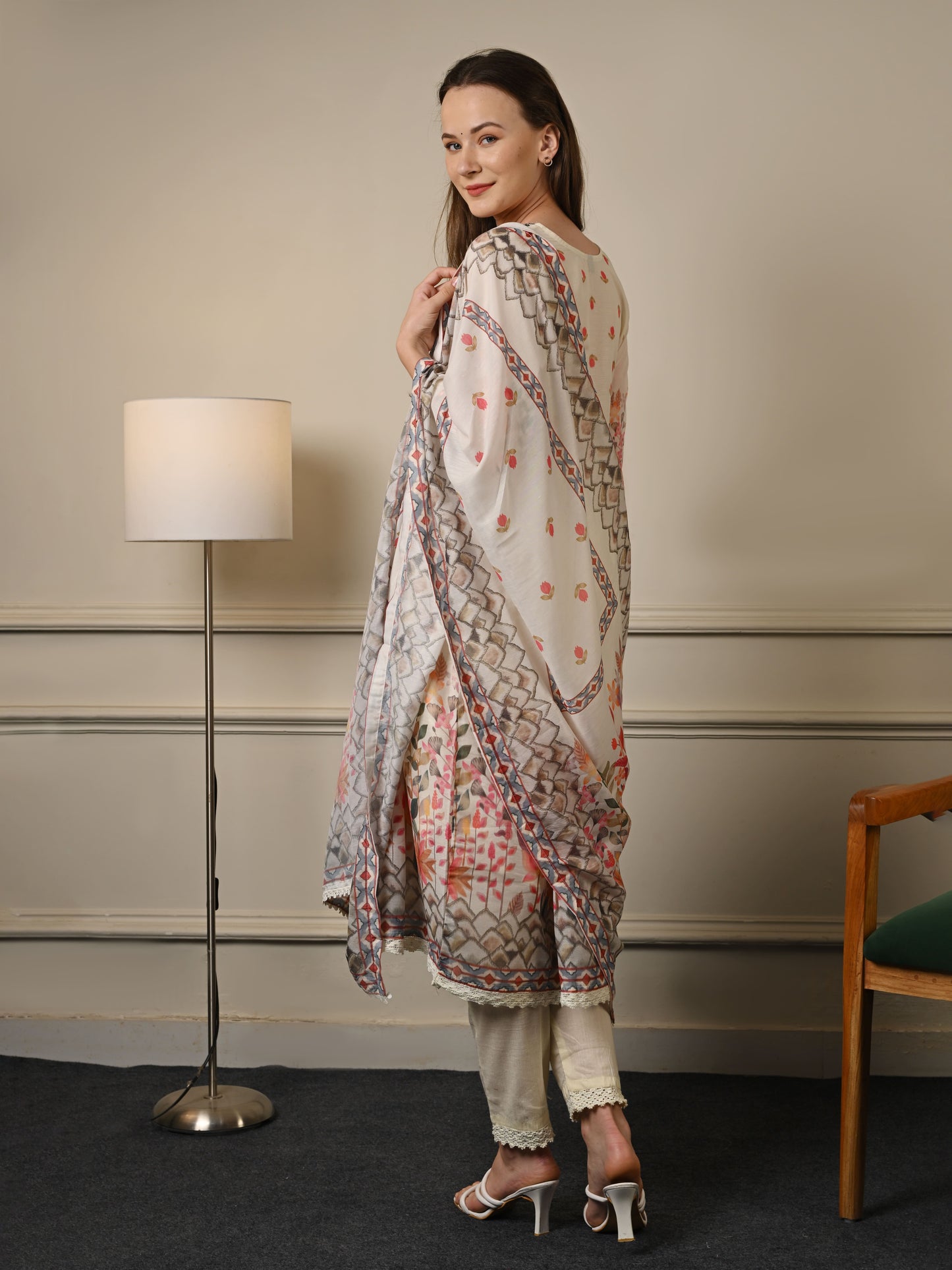 Beige Mul Cotton Anarkali Suit Set