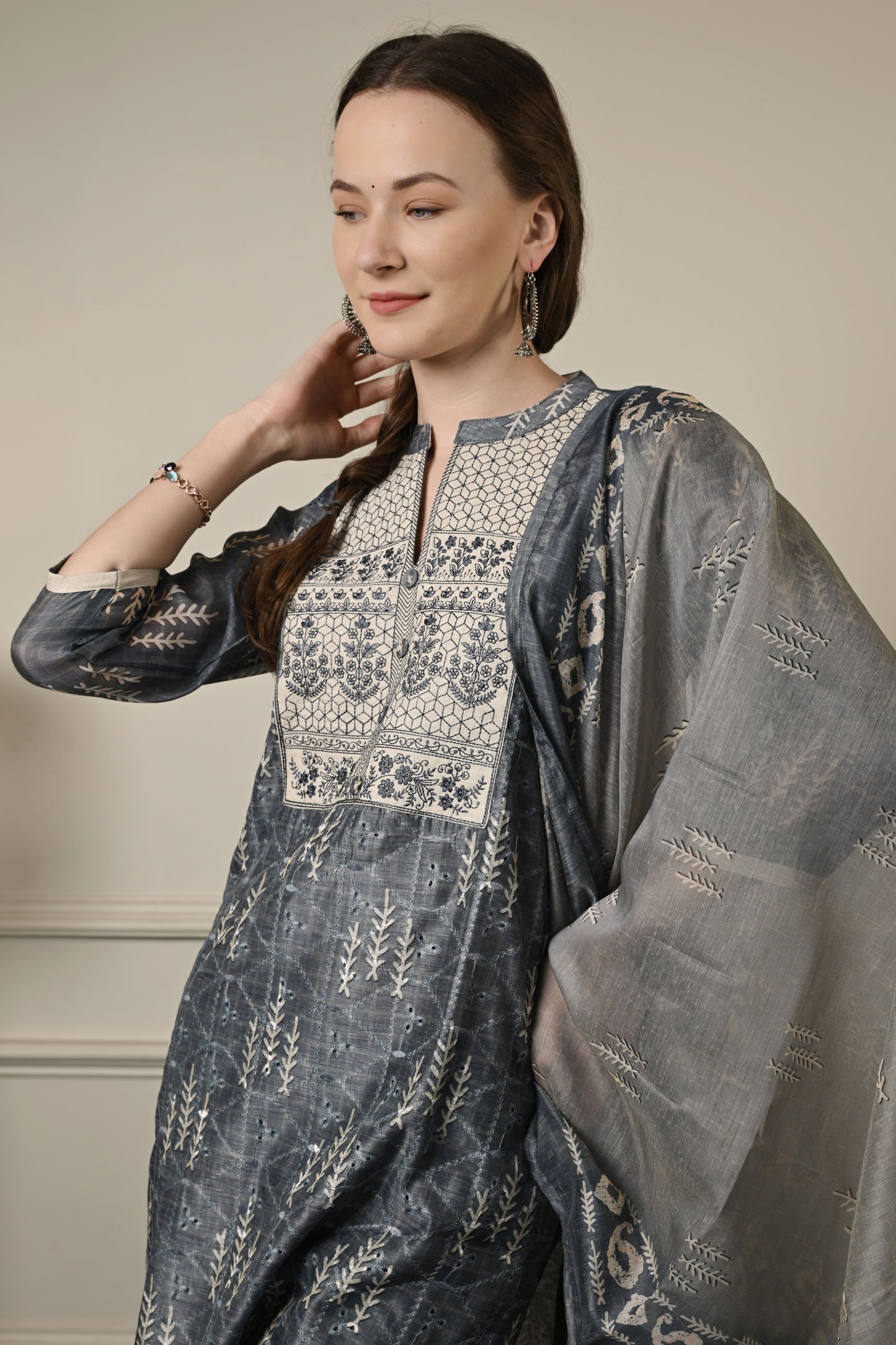 Grey Chanderi Cotton Suit Set
