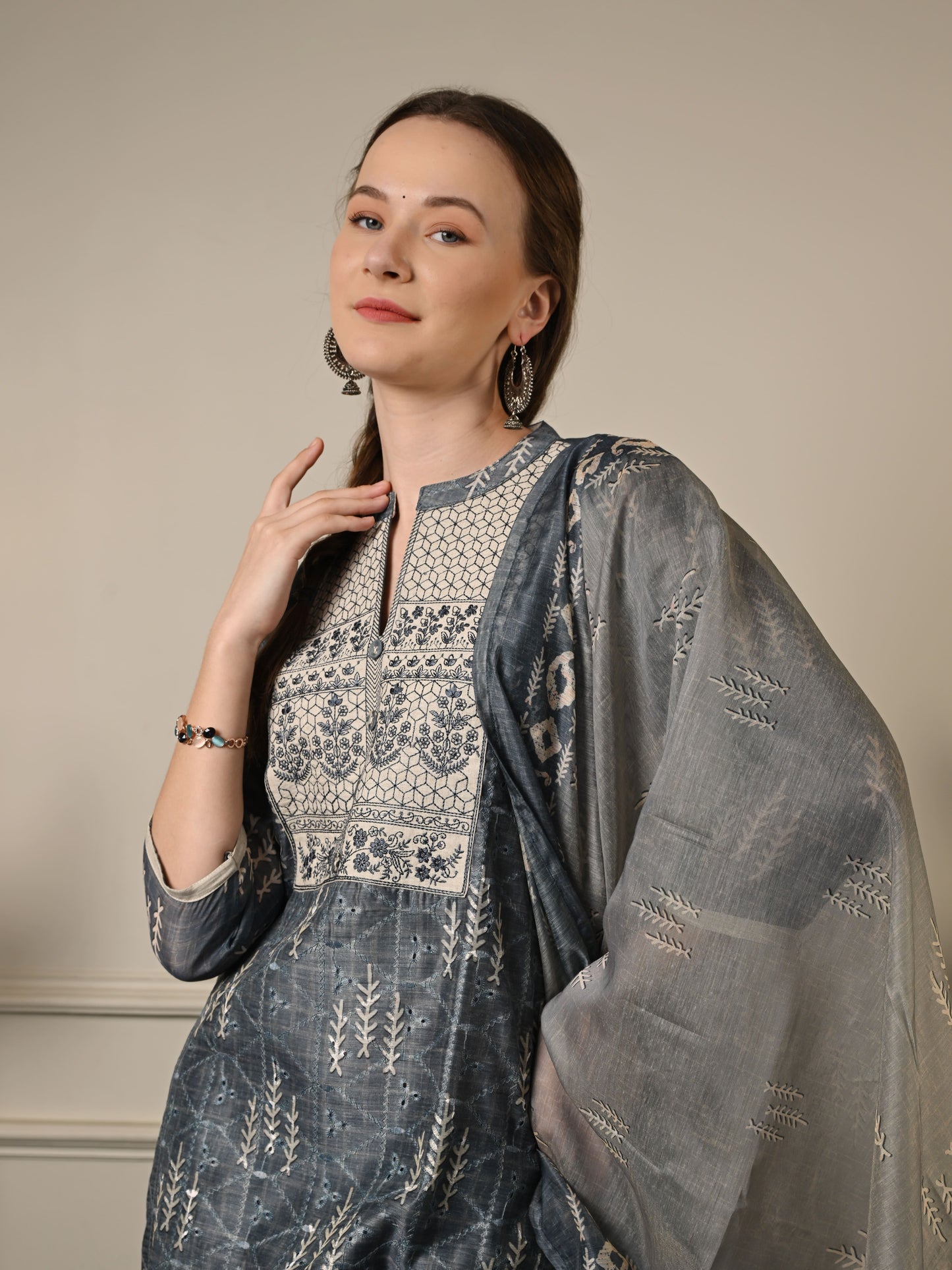 Grey Chanderi Cotton Suit Set