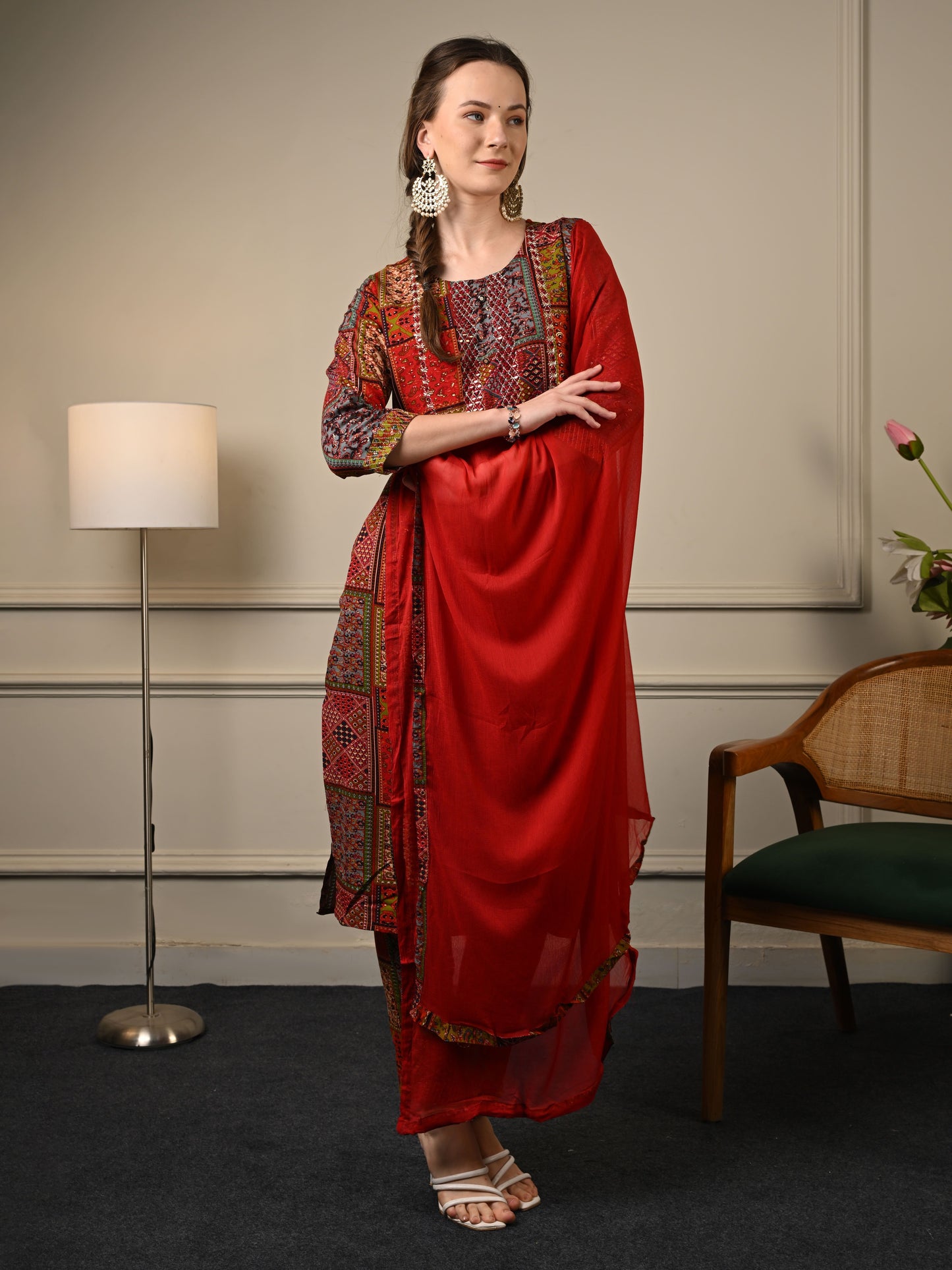 Deep Red Rayon Festive Suit set