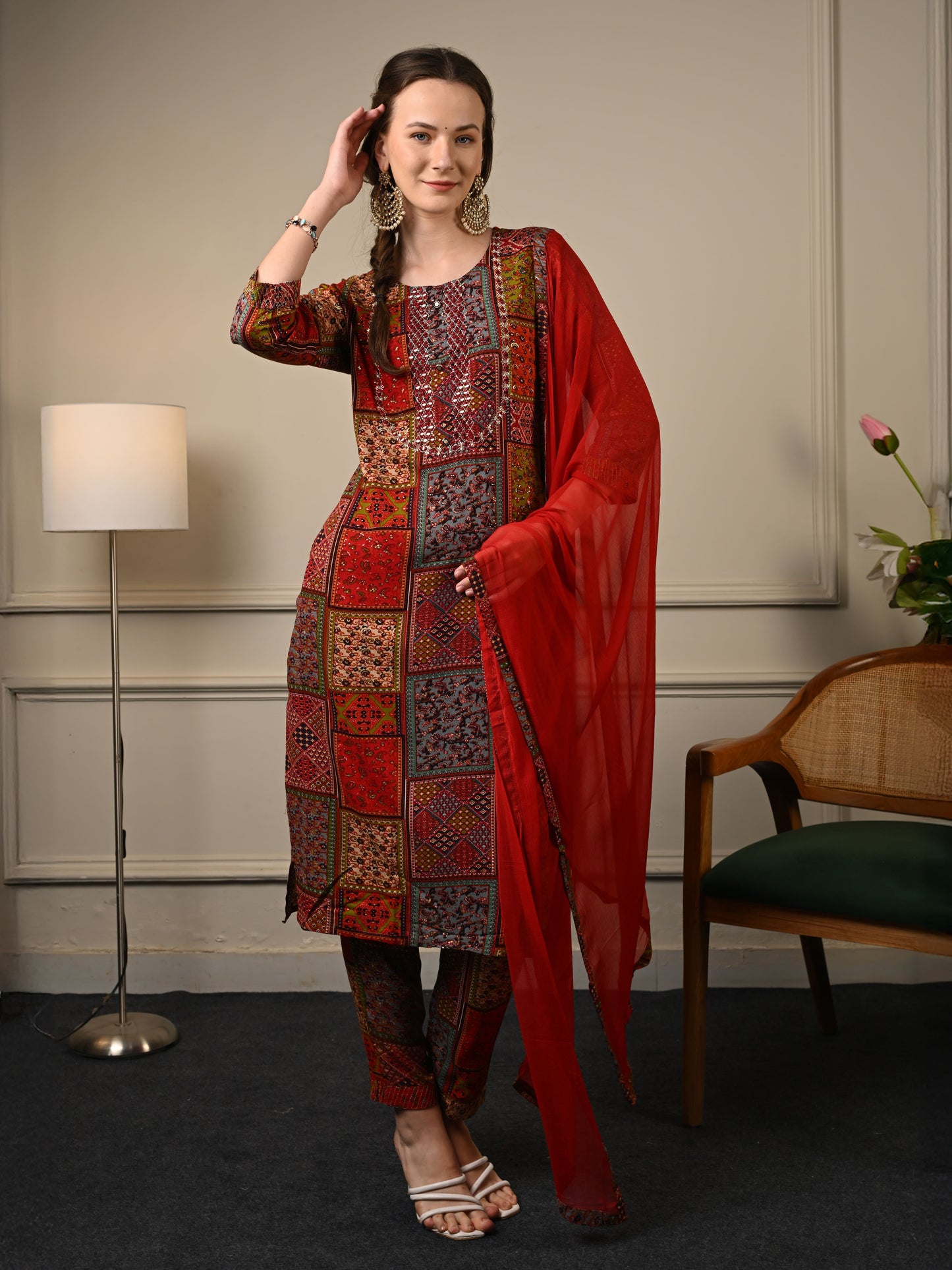 Deep Red Rayon Festive Suit set