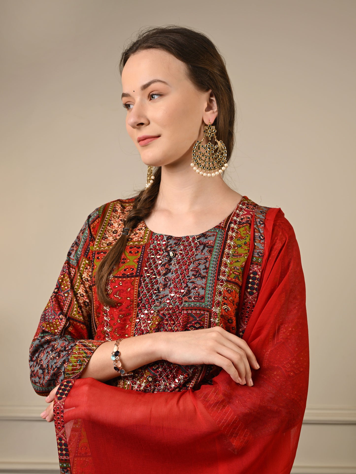 Deep Red Rayon Festive Suit set
