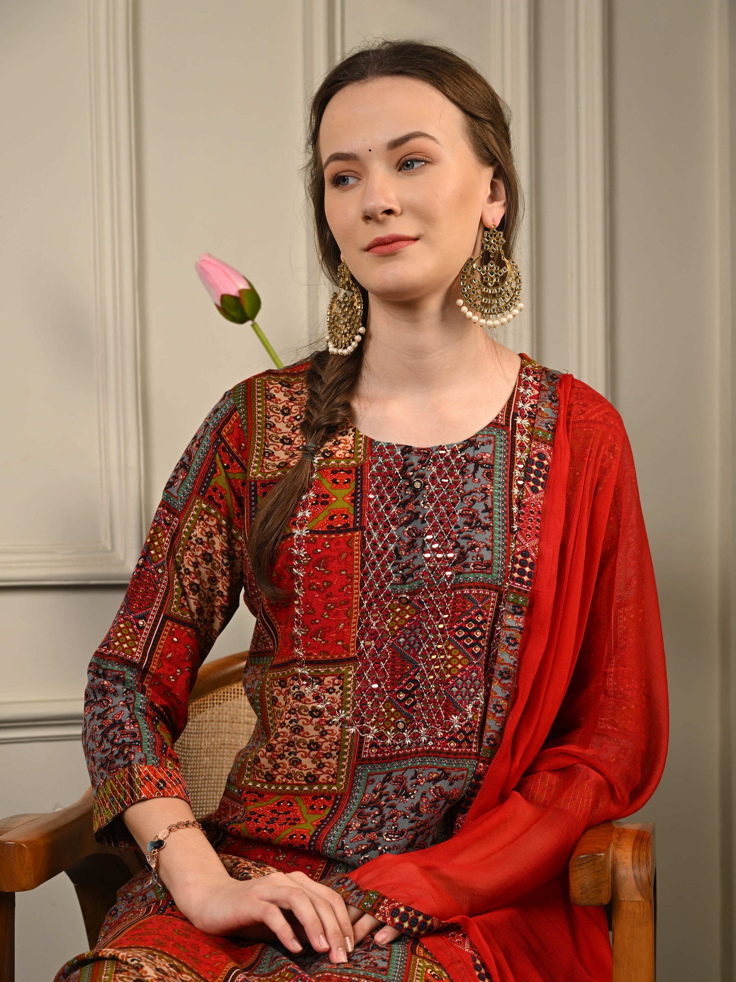 Deep Red Rayon Festive Suit set
