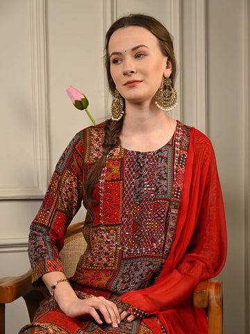 Deep Red Rayon Festive Suit set