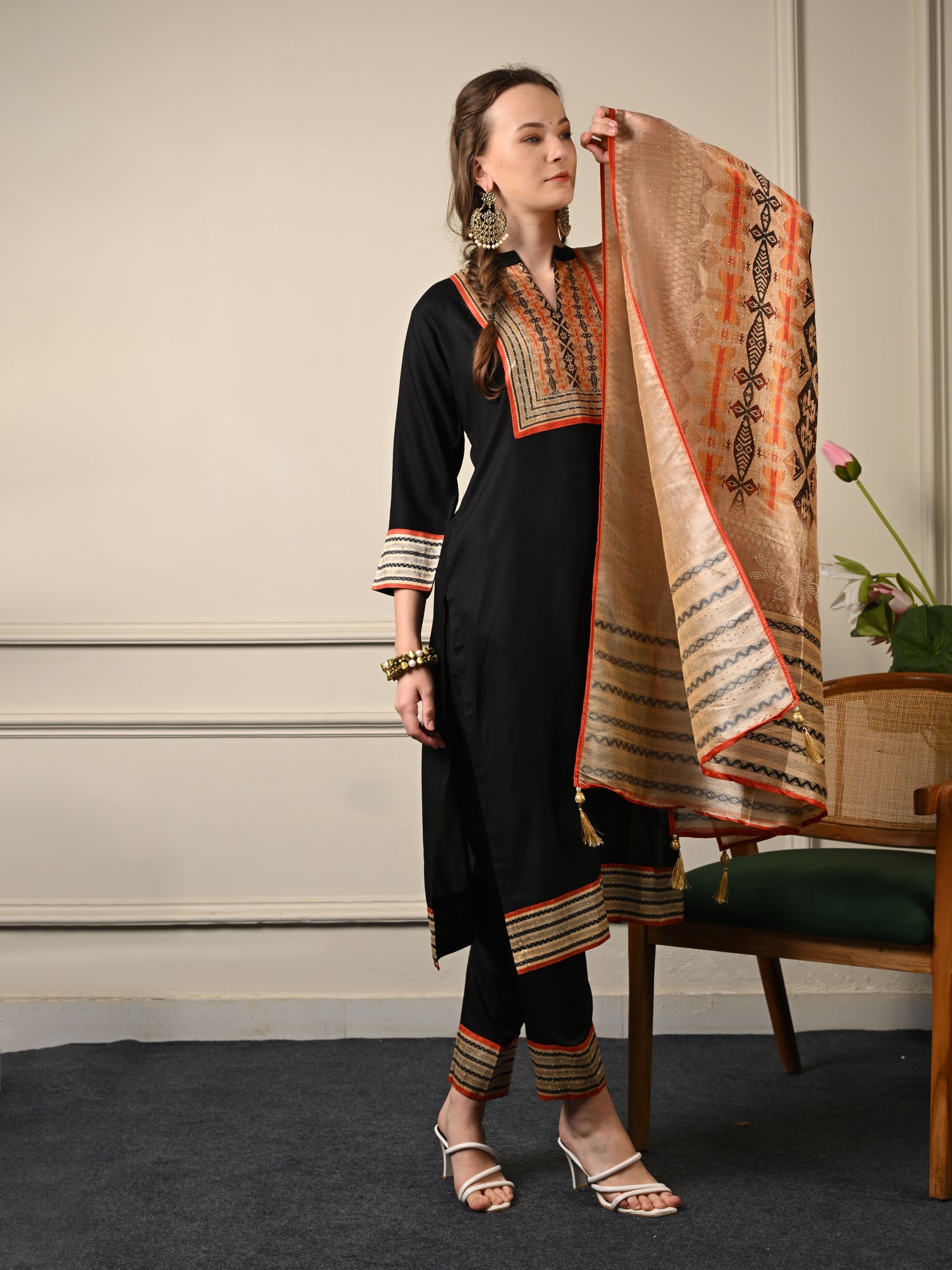 Black & Tangerine Chanderi Silk Suit Set