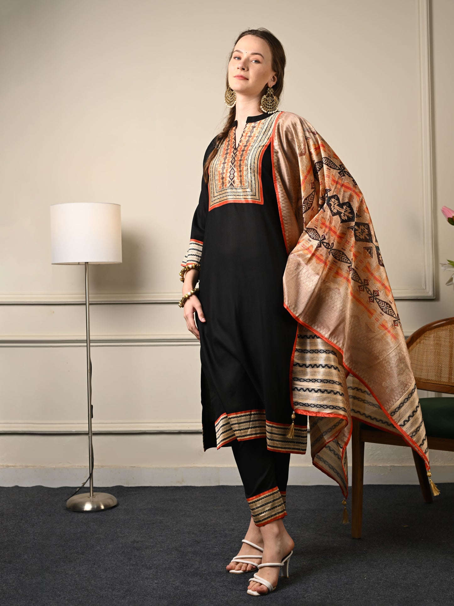 Black & Tangerine Chanderi Silk Suit Set