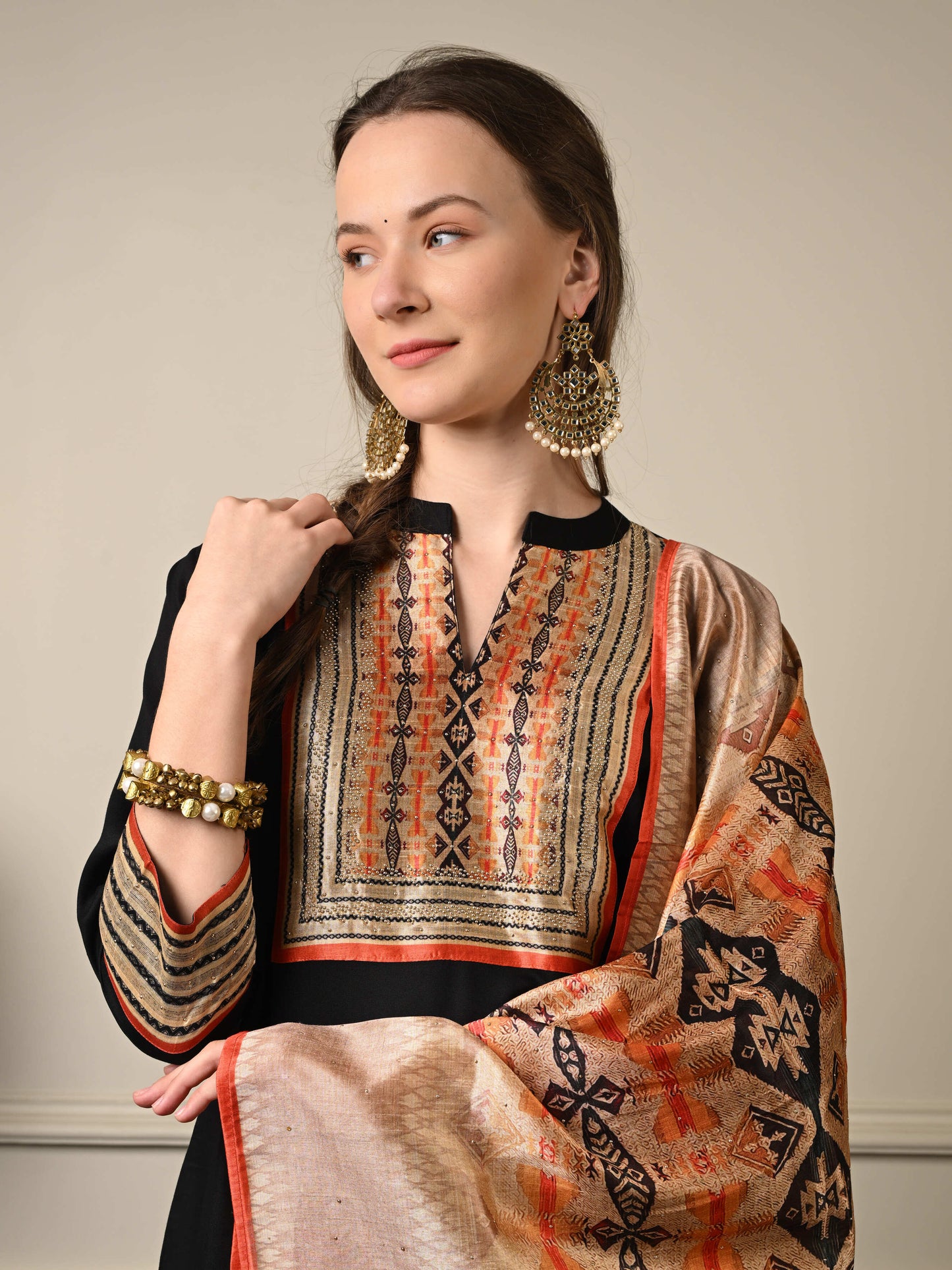 Black & Tangerine Chanderi Silk Suit Set