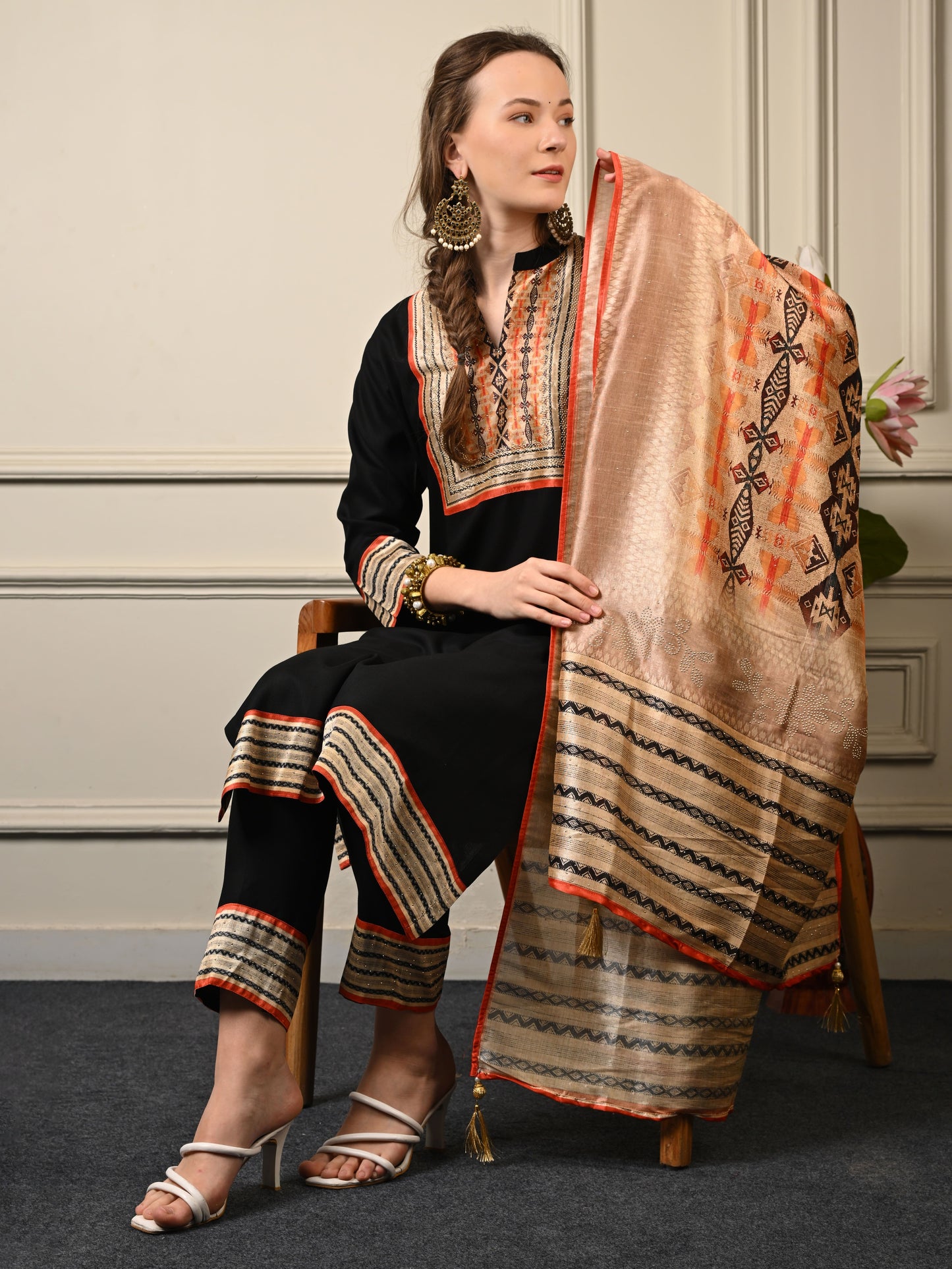 Black & Tangerine Chanderi Silk Suit Set