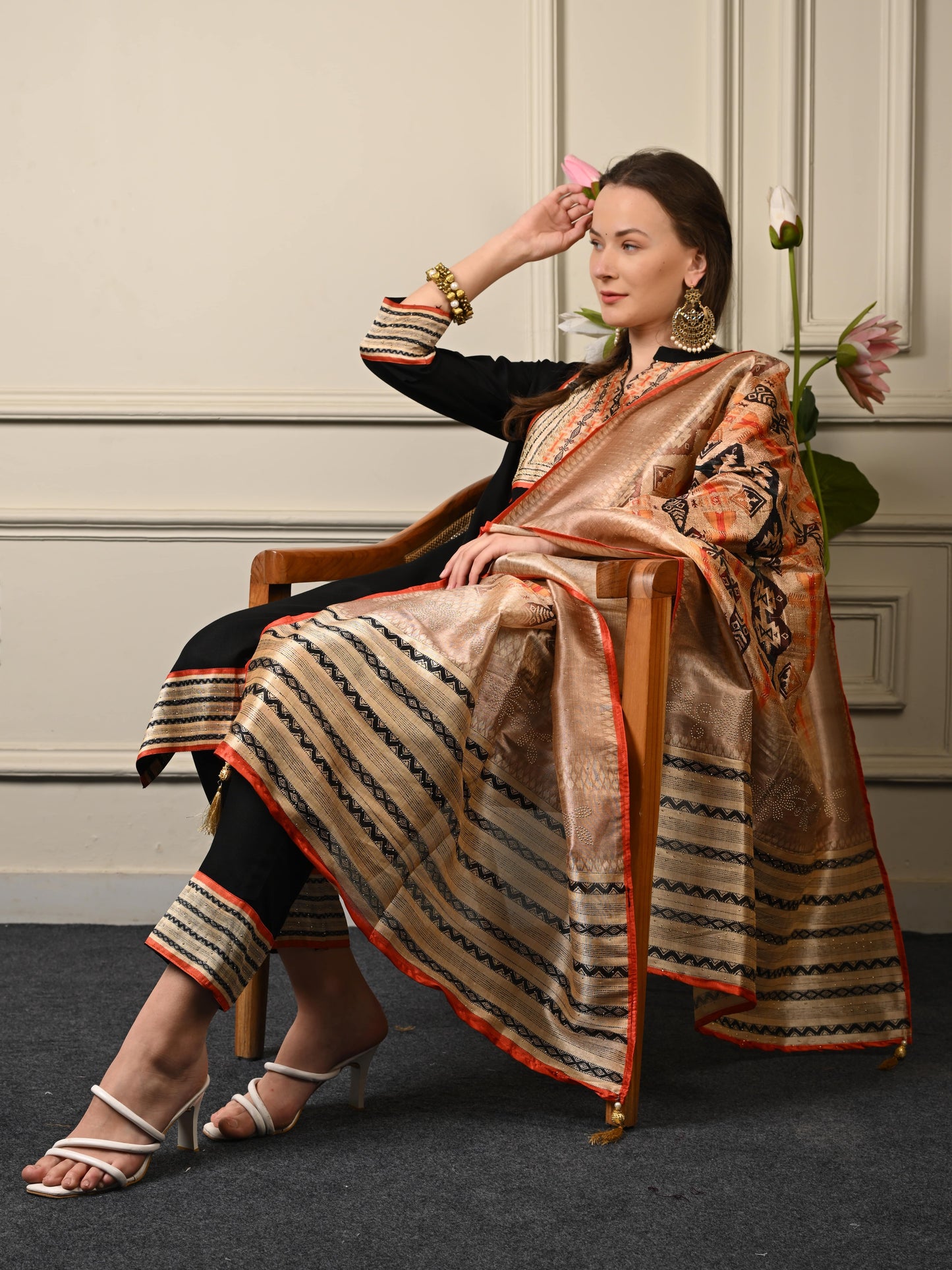 Black & Tangerine Chanderi Silk Suit Set
