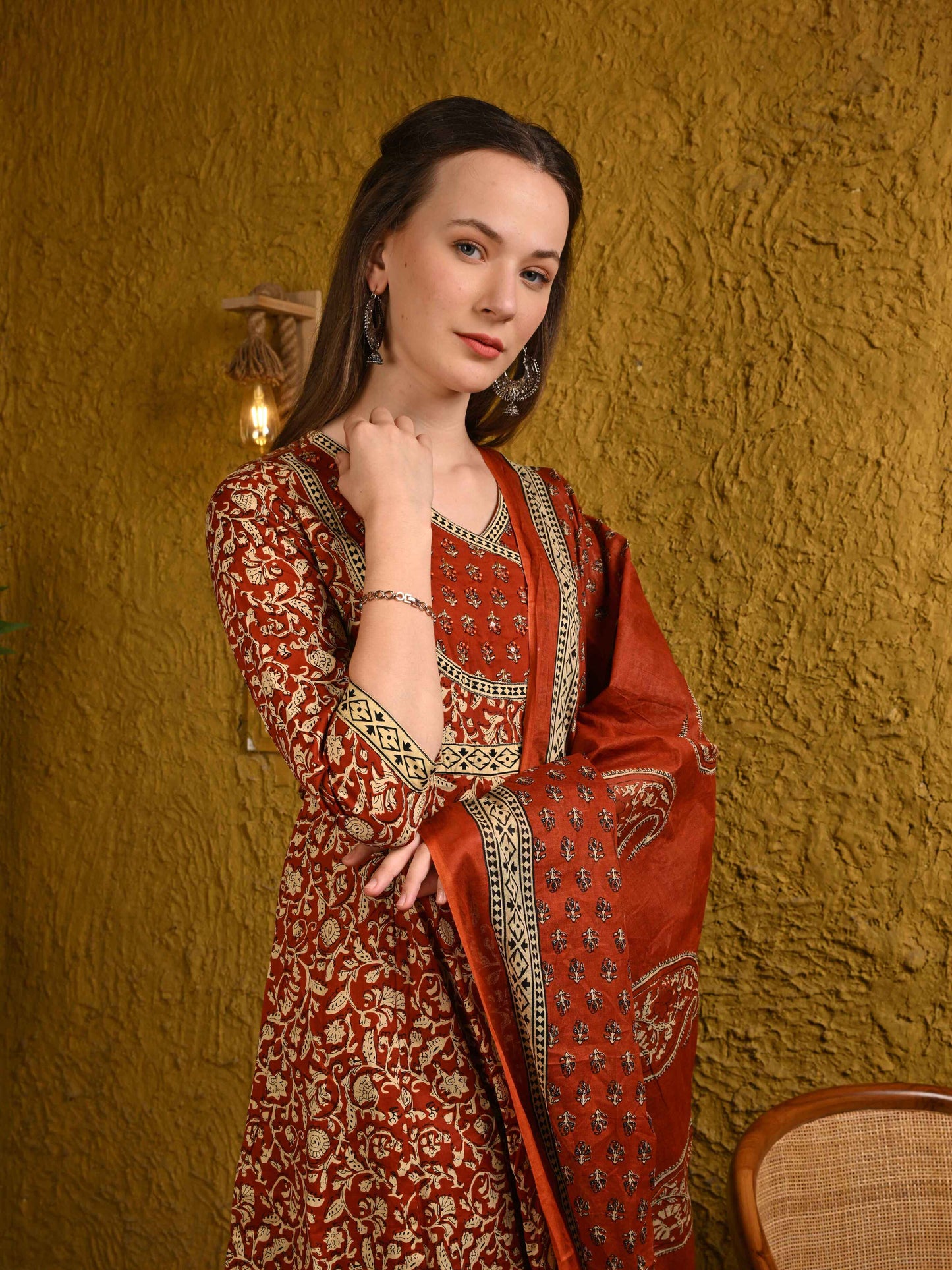 Rust Brown Jaipuri Cotton Anarkali Suit Set