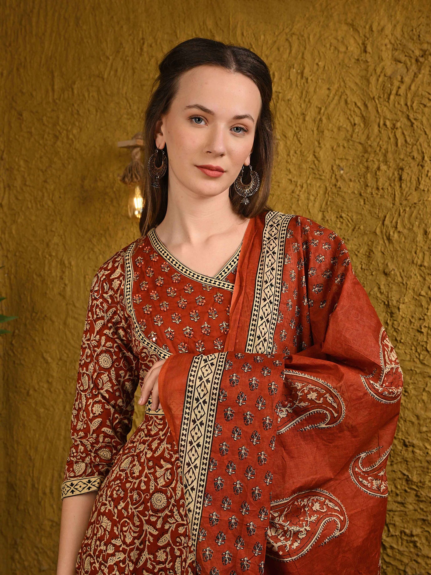 Rust Brown Jaipuri Cotton Anarkali Suit Set