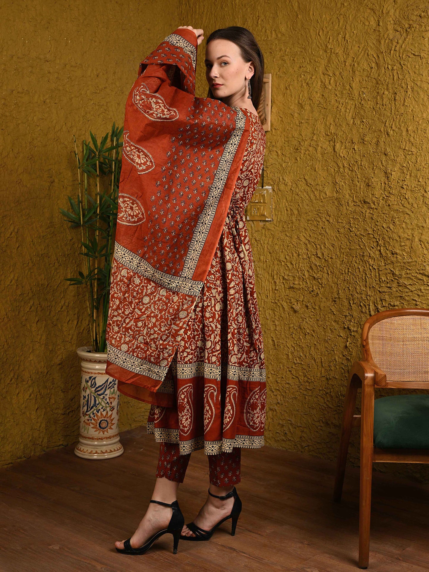 Rust Brown Jaipuri Cotton Anarkali Suit Set