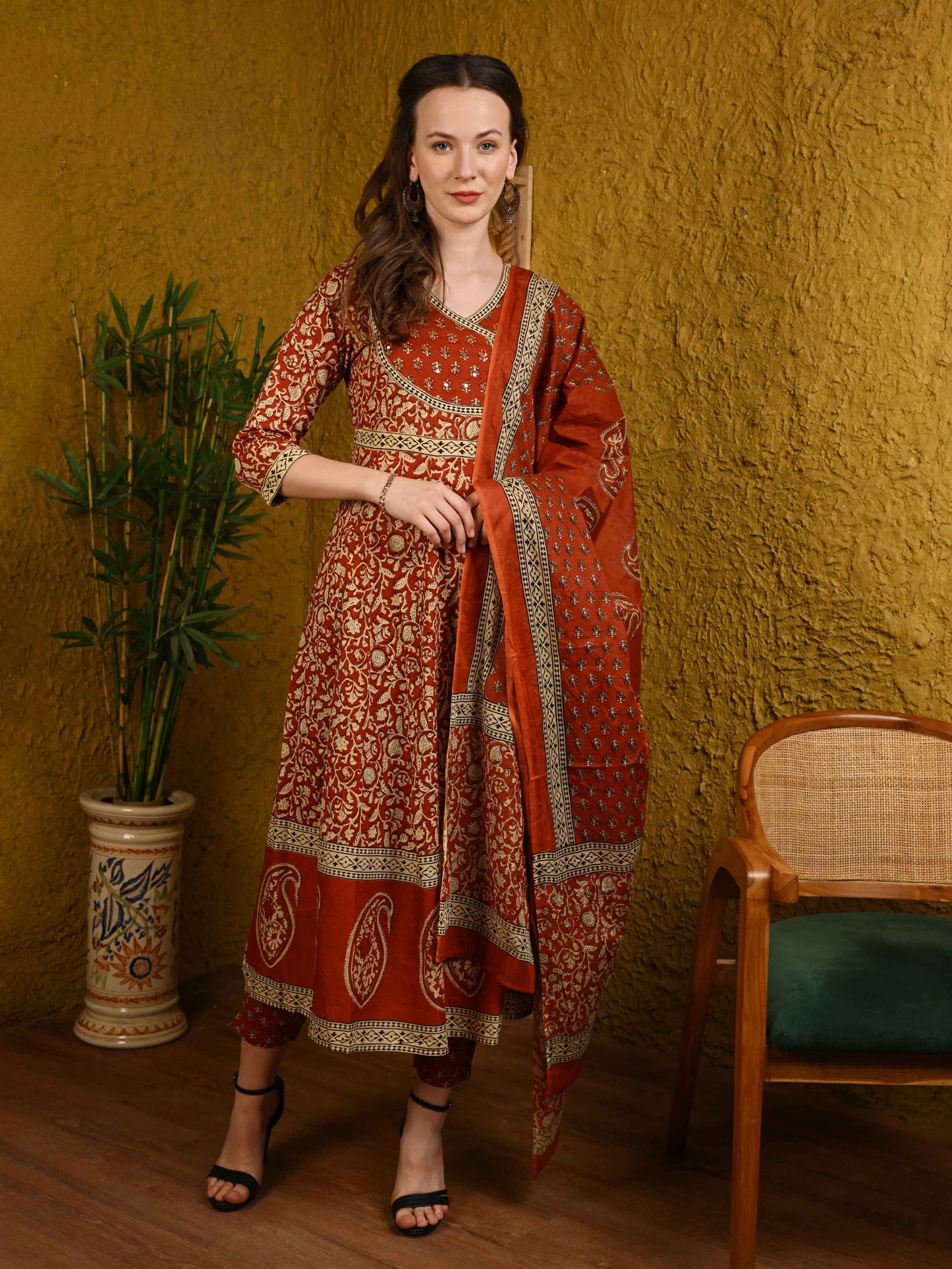 Rust Brown Jaipuri Cotton Anarkali Suit Set