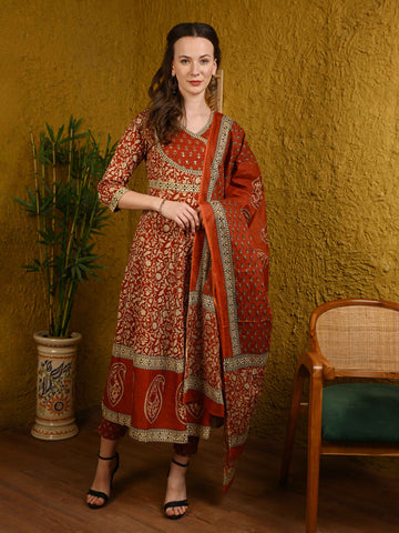 Rust Brown Jaipuri Cotton Anarkali Suit Set