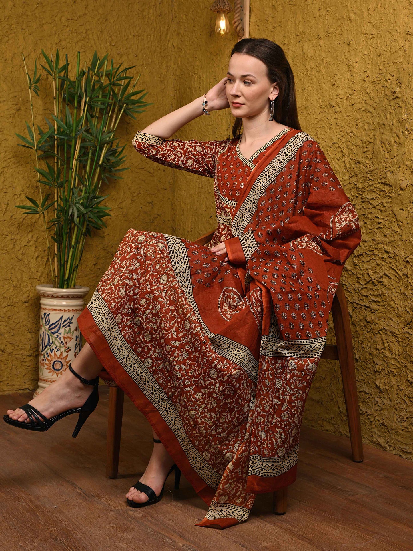 Rust Brown Jaipuri Cotton Anarkali Suit Set