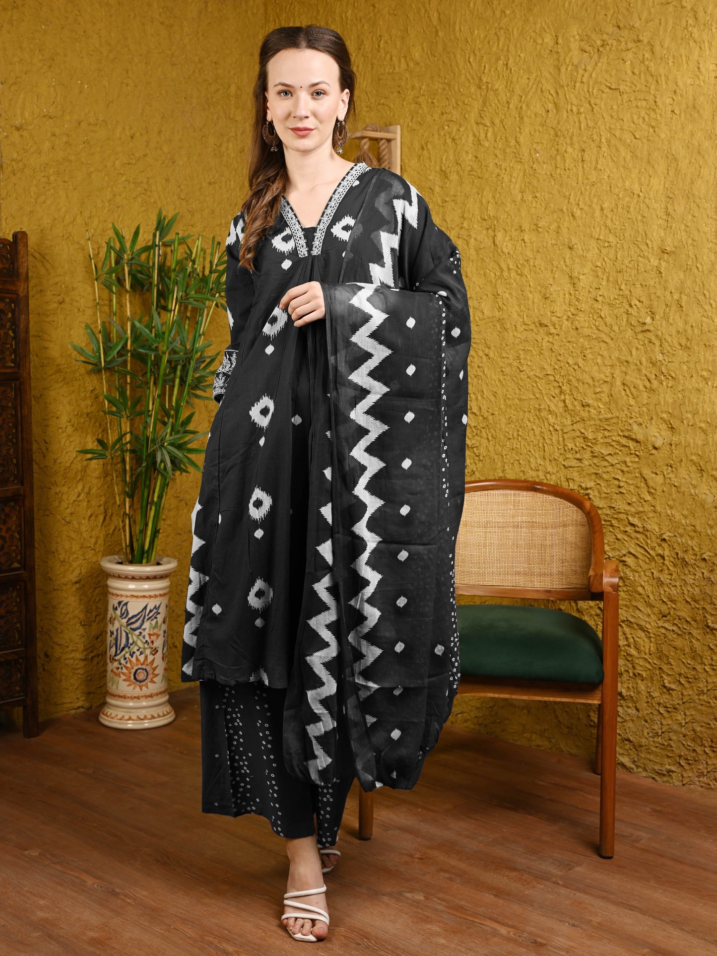 Black Jaipuri Cotton Anarkali Suit Set