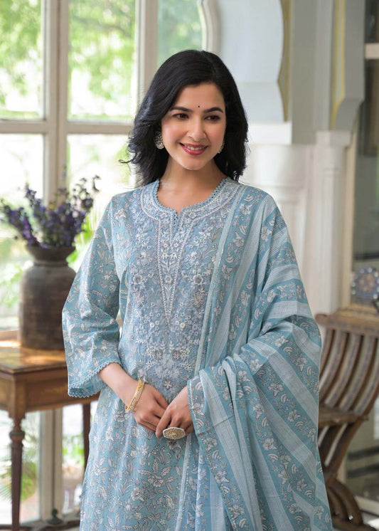 Storm Serenity Greyish Blue Cotton Suit Set