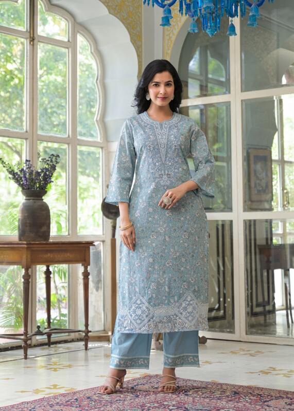 Storm Serenity Greyish Blue Cotton Suit Set