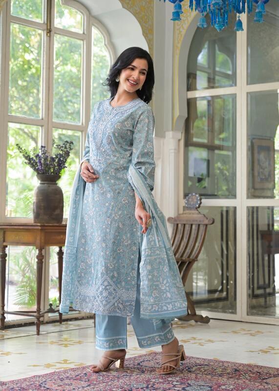 Storm Serenity Greyish Blue Cotton Suit Set