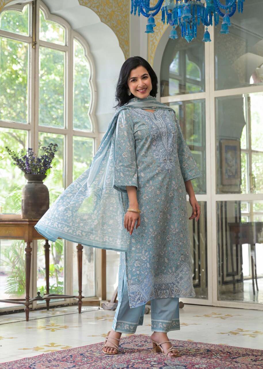 Storm Serenity Greyish Blue Cotton Suit Set