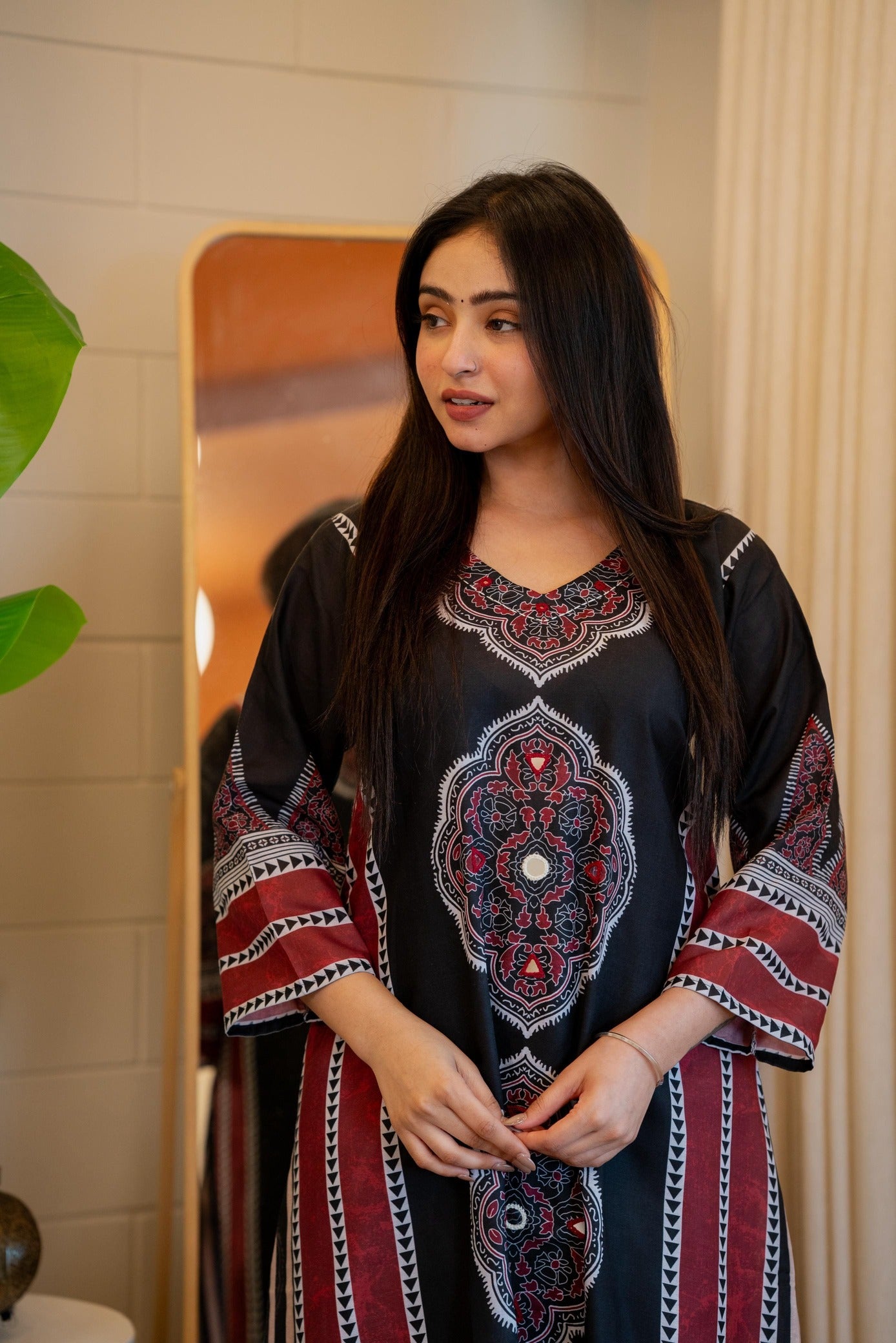 Onyx Black Maroon Flared Kurta Pant Set