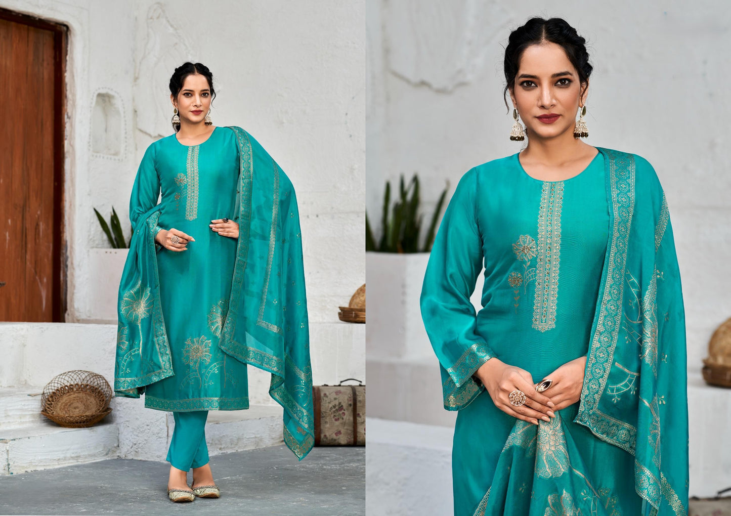 Aquamarine Turquoise Blue Bangalore Silk Suit Set with Dupatta