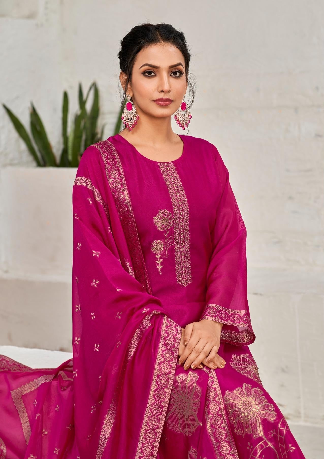 Amethyst Deep Hot Pink Bangalore Silk suit Set with Dupatta