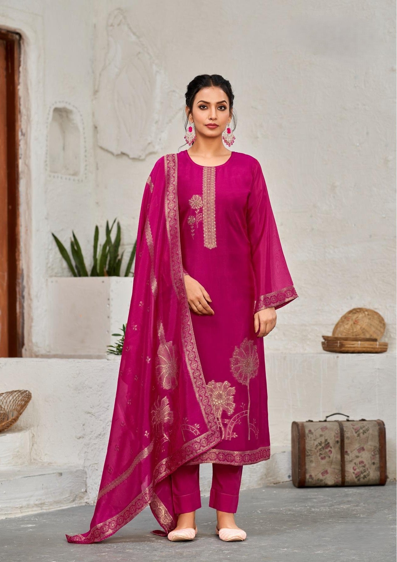 Amethyst Deep Hot Pink Bangalore Silk suit Set with Dupatta