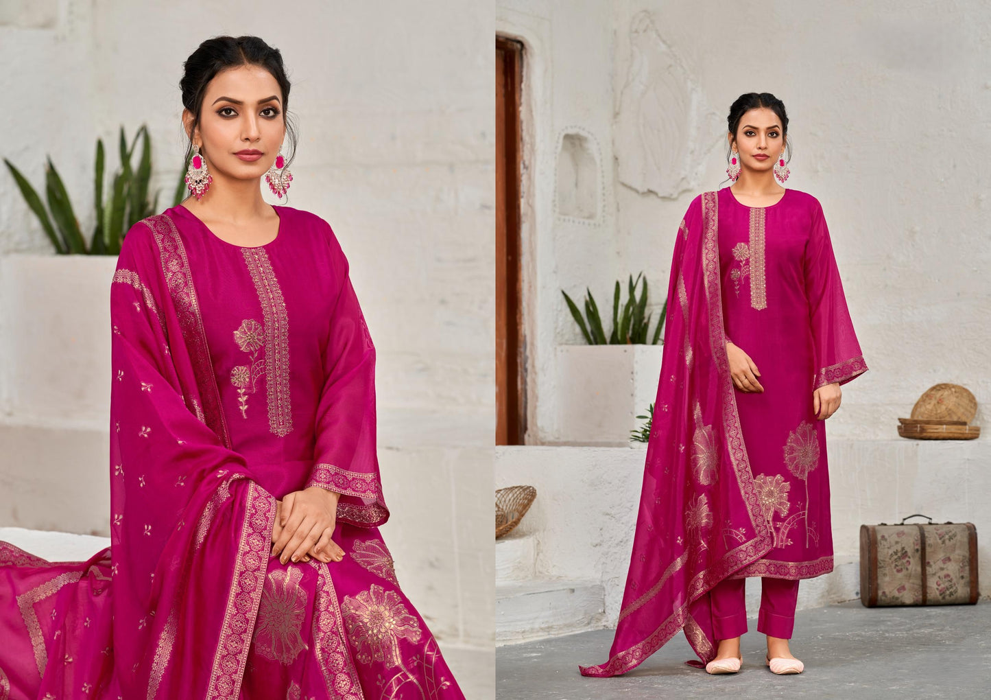 Amethyst Deep Hot Pink Bangalore Silk suit Set with Dupatta