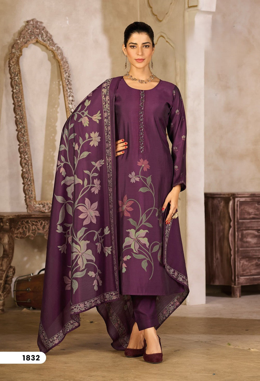 Deep Purple Rayon Silk Suit Set with Dupatta