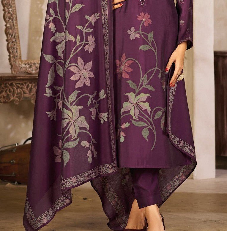 Deep Purple Rayon Silk Suit Set with Dupatta