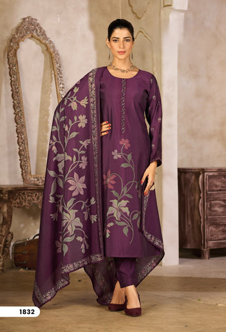 Deep Purple Rayon Silk Suit Set with Dupatta